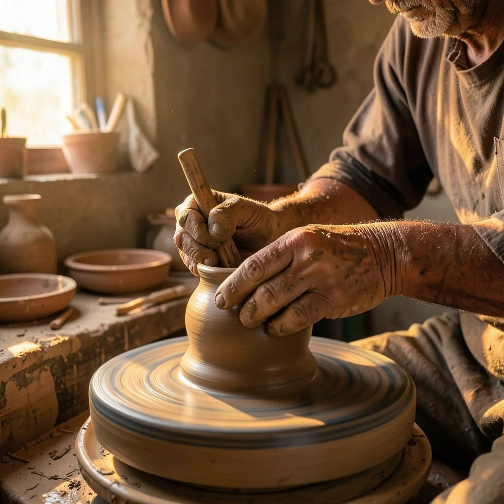 A potter's hands shaping clay on a wheel